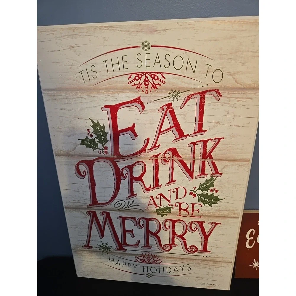 EAT‎ DRINK And BE MERRY Christmas Wood Signs - Holiday Decor Set of 2